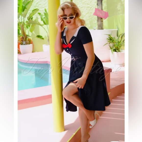 50s GLAMOUR Nautical Inspired Bombshell Navy Swing Dress Vintage Style 🎀 - Picture 3 of 10